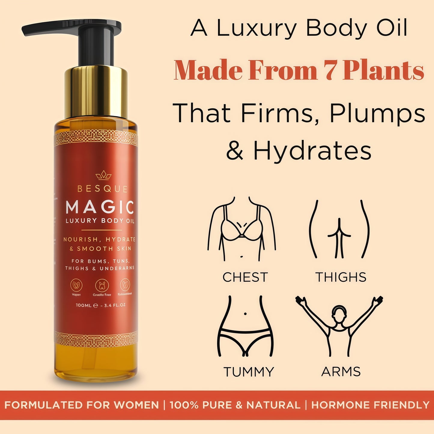 Besque Magic Body Oil, 3.4 FL OZ, After Shower Body Oil ForWomen, Hydrating Skin Care For Full Body That Plumps,Tightens, and Firms Skin With Natural Ingredients, LuxurySpa Gifts - Pack of 1
